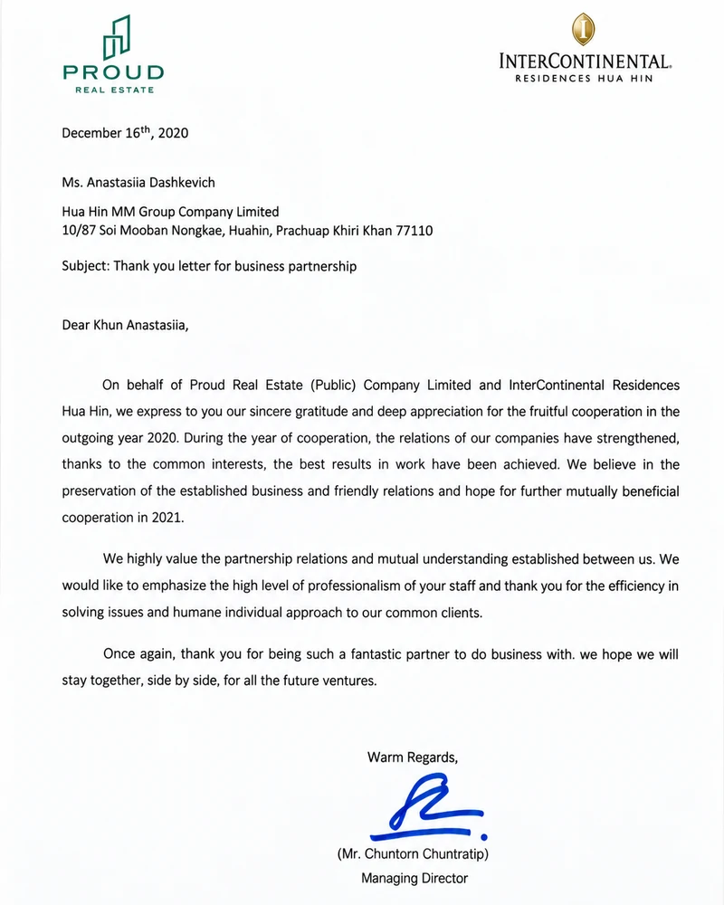Signed letter from PROUD Real Estate and InterContinental Residences Hua Hin to Hua Hin MM Group, 16 December 2020