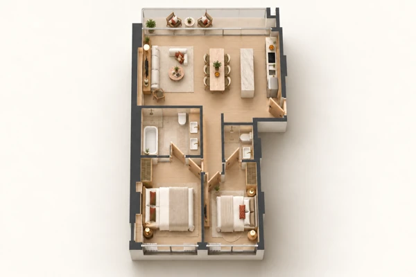 The Standard Residences · Визуализация MM · Изометрия с мебелью · 2E · базовый тип · 1