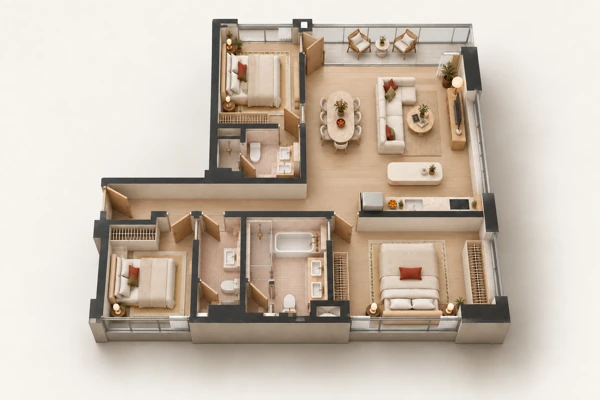 The Standard Residences · Визуализация MM · Изометрия с мебелью · 3A · базовый тип · 1